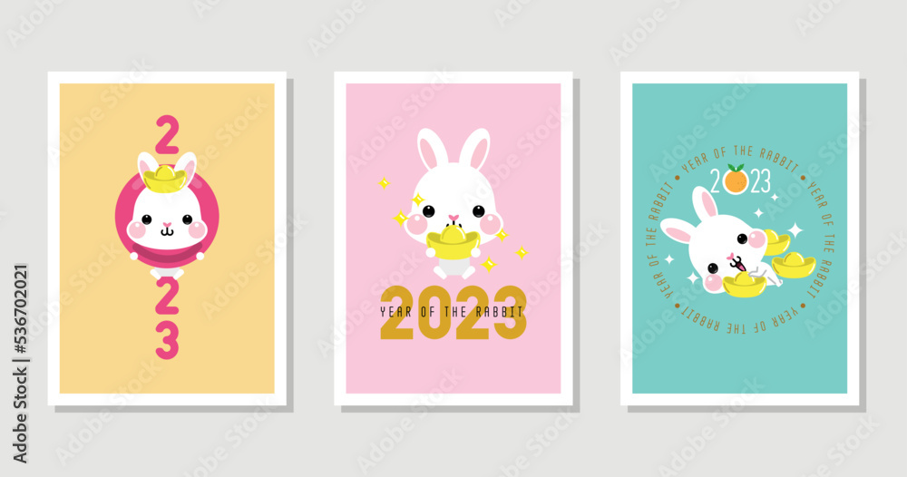 Happy Chinese new year 2023, the year of the rabbit zodiac. Little bunny greeting card, poster, banner, brochure, calendar. (Translation : Happy new year, Year of rabbit)