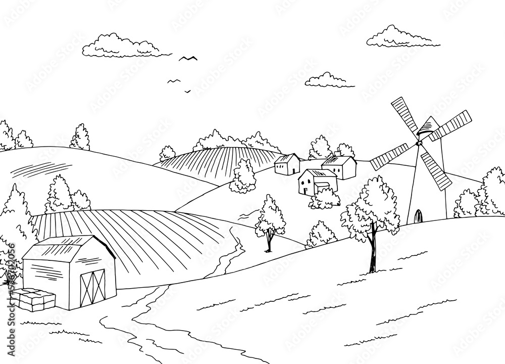 Farm field graphic black white landscape sketch illustration vector