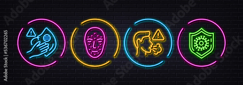 Dirty mask, Face biometrics and Cough minimal line icons. Neon laser 3d lights. Coronavirus protection icons. For web, application, printing. Vector