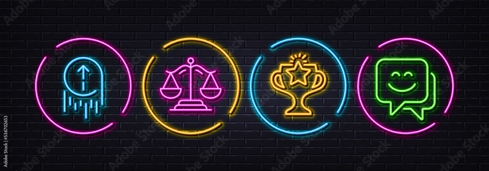 Swipe up, Justice scales and Victory minimal line icons. Neon laser 3d lights. Smile face icons. For web, application, printing. Scrolling page, Judgement, Championship prize. Chat. Vector