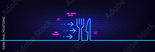 Neon light glow effect. Food delivery line icon. Restaurant order sign. Catering service symbol. 3d line neon glow icon. Brick wall banner. Food delivery outline. Vector