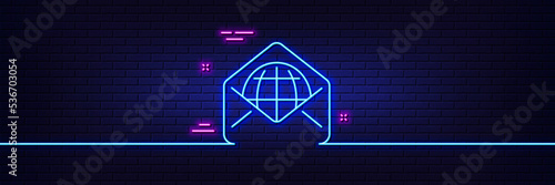 Neon light glow effect. Web Mail line icon. Message correspondence sign. E-mail symbol. 3d line neon glow icon. Brick wall banner. Web Mail outline. Vector