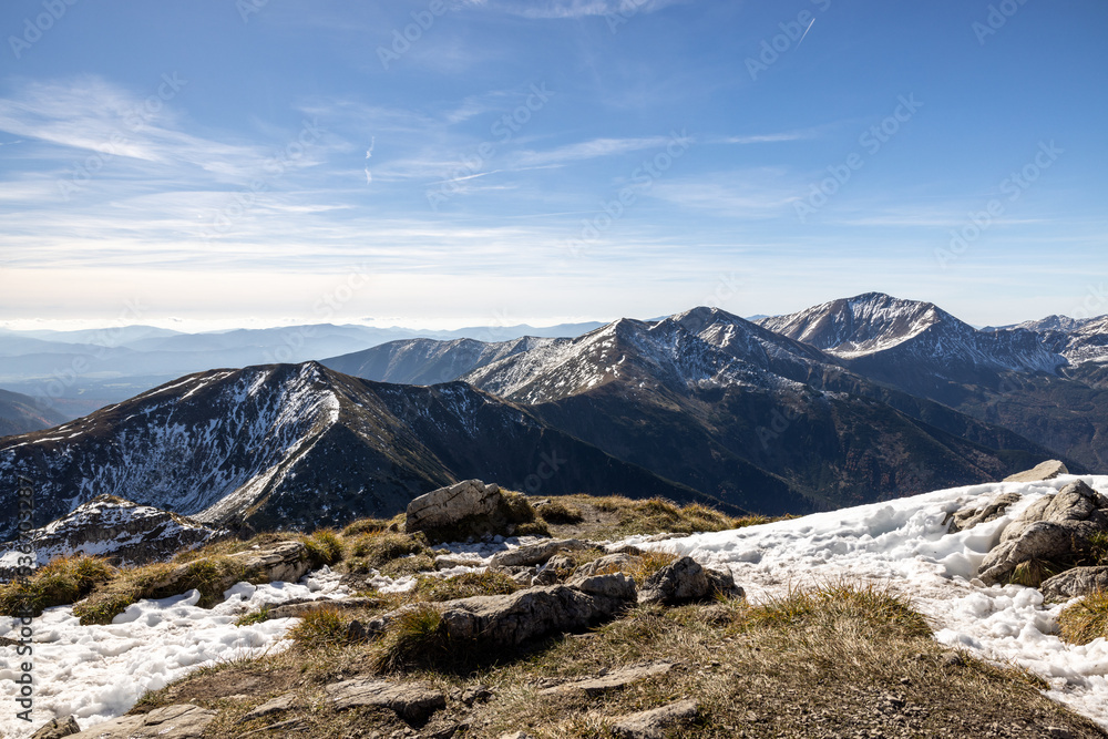 Panoramic view on Tatra Mountains in Poland towards Czerwone Wierchy.