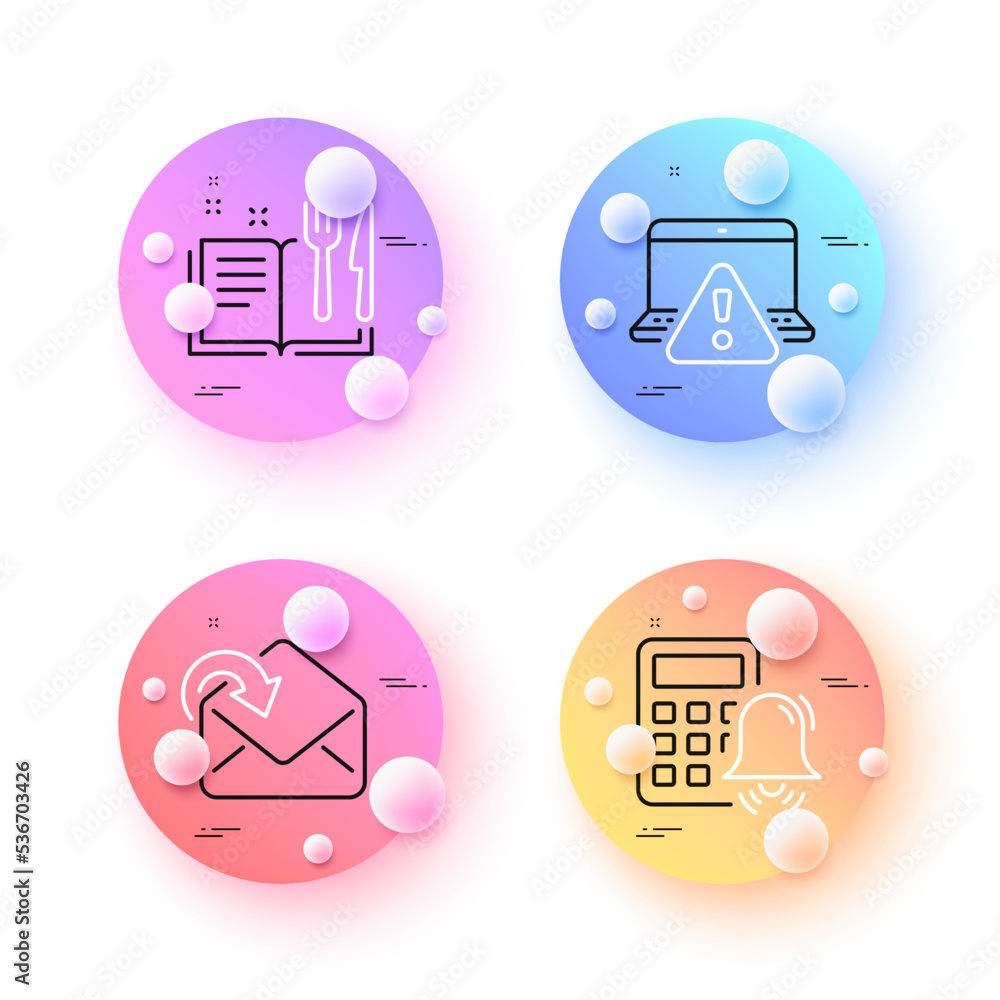 Recipe book, Online warning and Receive mail minimal line icons. 3d spheres or balls buttons. Calculator alarm icons. For web, application, printing. Food, Website alert, Incoming message. Vector Recipe book, Online warning and Receive mail minimal line icons. 3d spheres or balls buttons. Calculator alarm icons. For web, application, printing. Food, Website alert, Incoming message. Vector