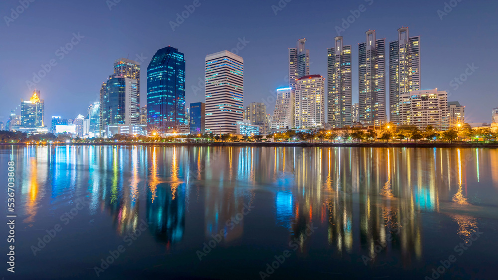 Obraz premium Bangkok city - Cityscape downtown Business district urban area , reflection landscape Bangkok Thailand