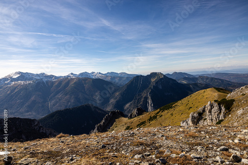 Panoramic view on Tatra Mountains in Poland towards Czerwone Wierchy.