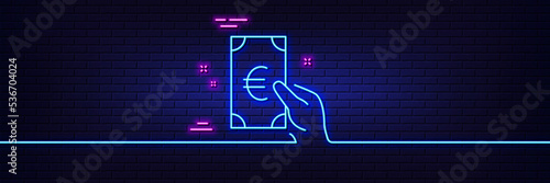 Neon light glow effect. Hold Cash money line icon. Banking currency sign. Euro or EUR symbol. 3d line neon glow icon. Brick wall banner. Finance outline. Vector