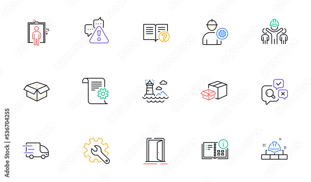 Construction bricks, Engineer and Lighthouse line icons for website, printing. Collection of Packing boxes, Warning, Engineering team icons. Truck delivery, Elevator, Open box web elements. Vector