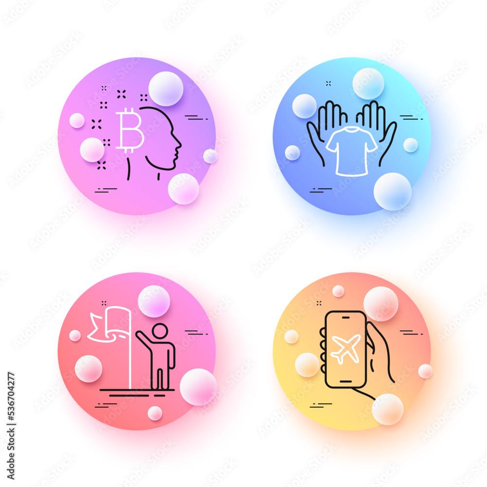 Hold t-shirt, Leadership and Flight mode minimal line icons. 3d spheres or balls buttons. Bitcoin think icons. For web, application, printing. Laundry shirt, Winner flag, Smartphone app. Vector Hold t-shirt, Leadership and Flight mode minimal line icons. 3d spheres or balls buttons. Bitcoin think icons. For web, application, printing. Laundry shirt, Winner flag, Smartphone app. Vector