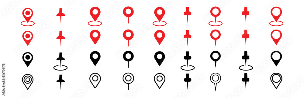 Pin Location icon. Simple map pin. Set of red and black map pin icons. Modern map markers. location pin sign. Map pin place marker. Vector icon Pin Location icon. Simple map pin. Set of red and black map pin icons. Modern map markers. location pin sign. Map pin place marker. Vector icon