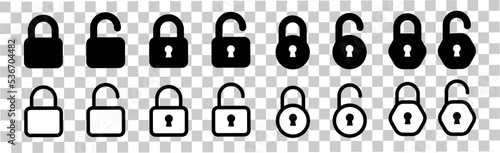 Lock icon set. Locked and unlocked vector icon set. Lock symbol on transparent background. Padlock symbol. Privacy symbol vector stock illustration.