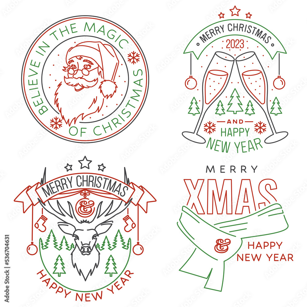 Set of Merry Christmas and 2023 Happy New Year stamp, sticker set with glasses of champagne, snowflakes, hanging christmas ball, santa, candy. Vector. Line art design for xmas, new year emblem in