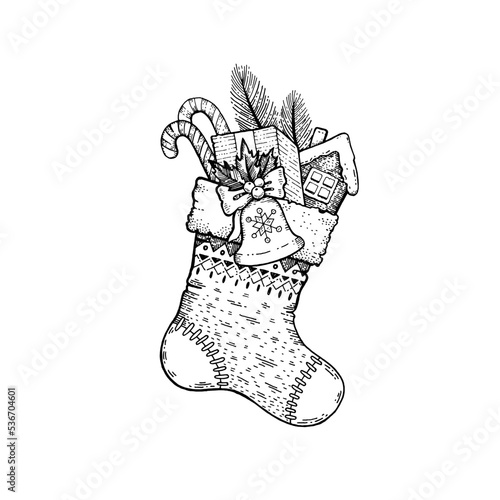 Christmas stocking sketch. Xmas black line sock decoration. Christmas etch card. Engraved stocking drawing. Vector vintage doodle background. Sock icon with candy cane, gingerbread, jingle bell, gift