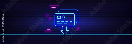 Neon light glow effect. Credit card line icon. Send money payment sign. Receive transaction symbol. 3d line neon glow icon. Brick wall banner. Card outline. Vector