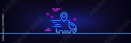 Neon light glow effect. Delivery truck line icon. Courier location sign. Order delivery symbol. 3d line neon glow icon. Brick wall banner. Delivery truck outline. Vector