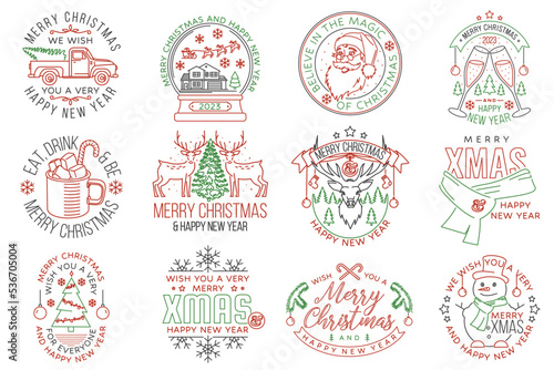 Set of Merry Christmas and Happy New Year stamp sticker. Set quotes with snowflakes, mug of hot chocolate with marshmallows, snow globe, candy, sweet candy, pickup. Vector. Line art design for xmas
