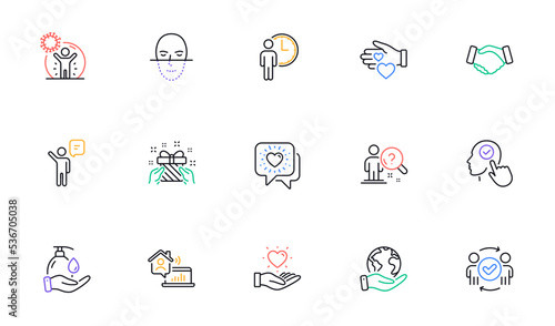 Face recognition, Work home and Gift line icons for website, printing. Collection of Save planet, Volunteer, Approved teamwork icons. Wash hands, Friends chat, Handshake web elements. Vector