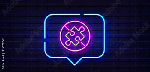 Neon light speech bubble. No Puzzle line icon. Jigsaw piece sign. Business challenge symbol. Neon light background. No puzzle glow line. Brick wall banner. Vector