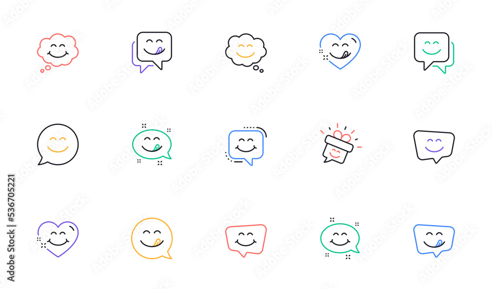 Yummy smile line icons. Emoticon speech bubble, social media message, smile with tongue. Tasty food eating emoji face icons. Delicious yummy, happy emoticon. Linear set. Vector Yummy smile line icons. Emoticon speech bubble, social media message, smile with tongue. Tasty food eating emoji face icons. Delicious yummy, happy emoticon. Linear set. Vector
