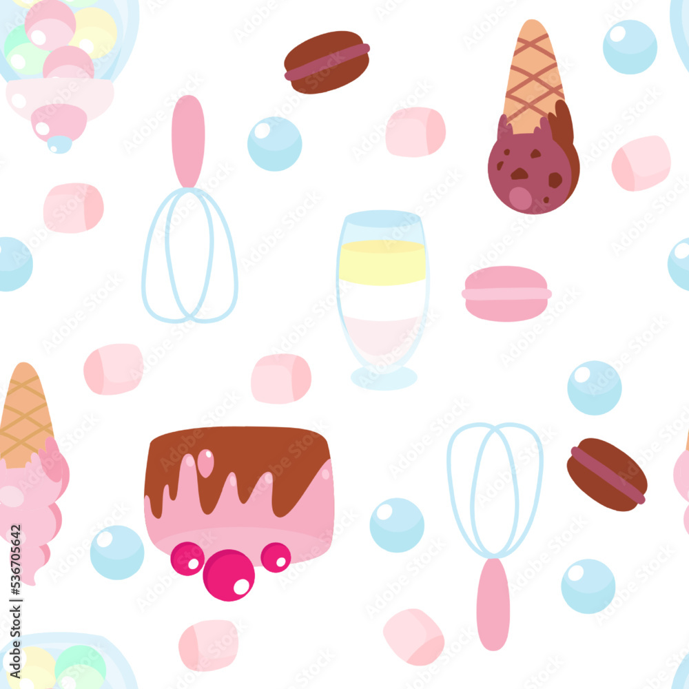 Seamless pattern sweets ice cream, cream jelly, whisk, lollipops, a jar of sweets whisk and raspberries in cartoon style on a white background. Seamless pattern sweets ice cream, cream jelly, whisk, lollipops, a jar of sweets whisk and raspberries in cartoon style on a white background.