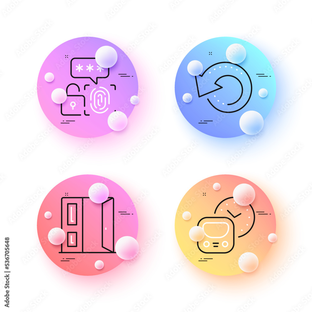 Open door, Metro and Biometric security minimal line icons. 3d spheres or balls buttons. Recovery data icons. For web, application, printing. Entrance, Subway timetable, Fingerprint secure. Vector Open door, Metro and Biometric security minimal line icons. 3d spheres or balls buttons. Recovery data icons. For web, application, printing. Entrance, Subway timetable, Fingerprint secure. Vector