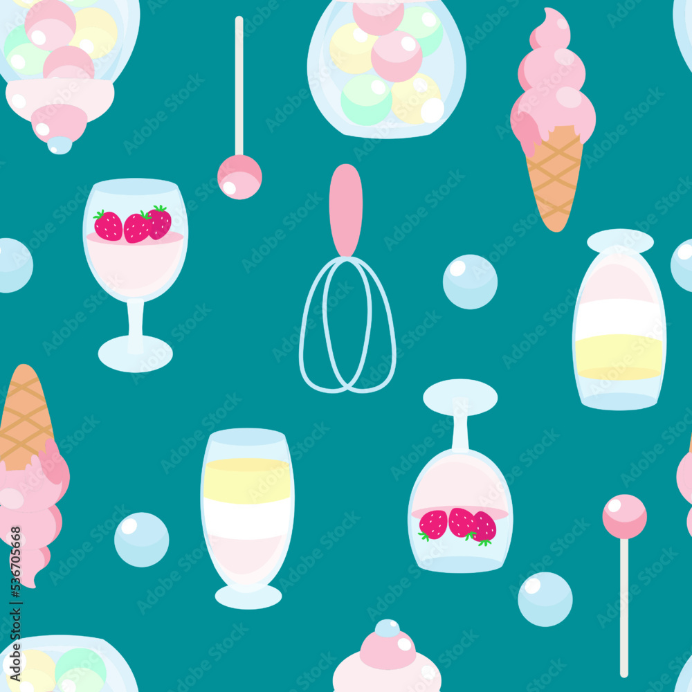 Seamless pattern sweets ice cream, cream jelly, whisk, lollipops, a jar of sweets and raspberries in a cartoon style on a blue background. Seamless pattern sweets ice cream, cream jelly, whisk, lollipops, a jar of sweets and raspberries in a cartoon style on a blue background.