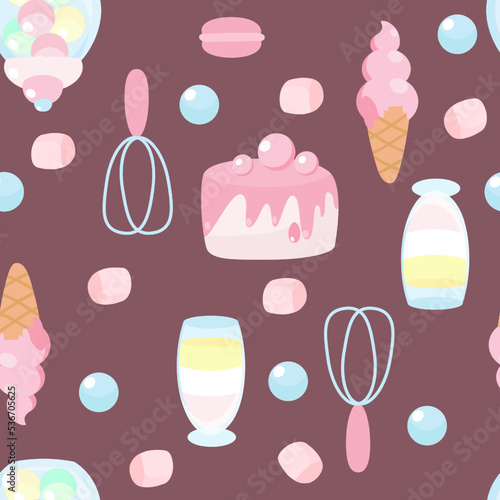 Seamless pattern sweets cake, cream jelly, whisk, lollipops, marshmallows, macarons in cartoon style on a white background.