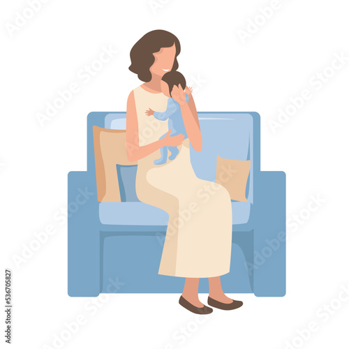Happy mom with a baby in her arms after childbirth. The joy of motherhood. Love and care for children. Mother's day. Isolated vector illustration.