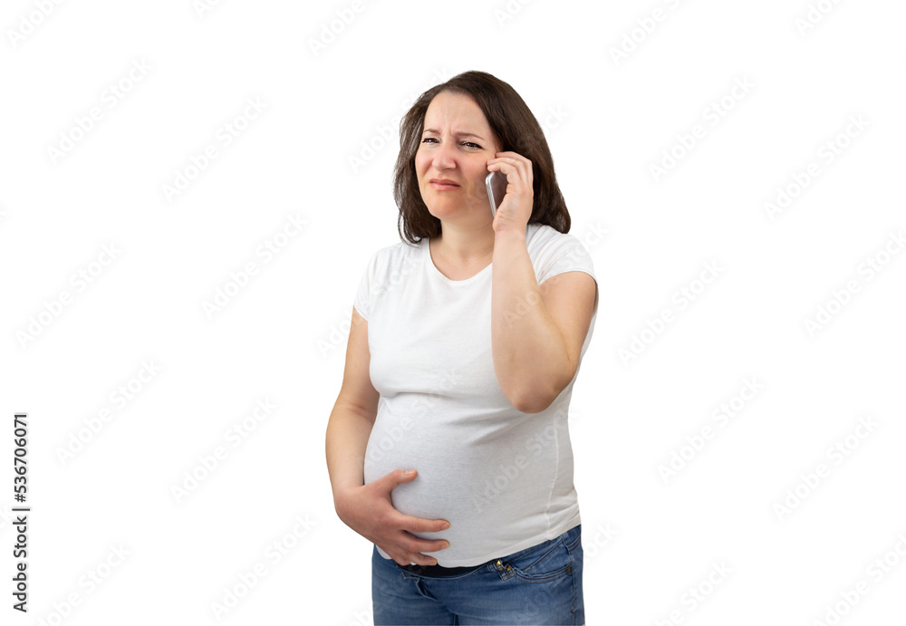 Shot of a painful pregnant woman calling medical assistance with white background