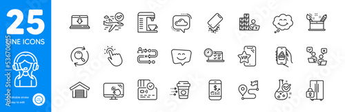 Outline icons set. Confirmed flight, Touchpoint and Creativity concept icons. Mobile finance, Food app, Search web elements. Refrigerator, Card, Smile face signs. Coffee machine. Vector