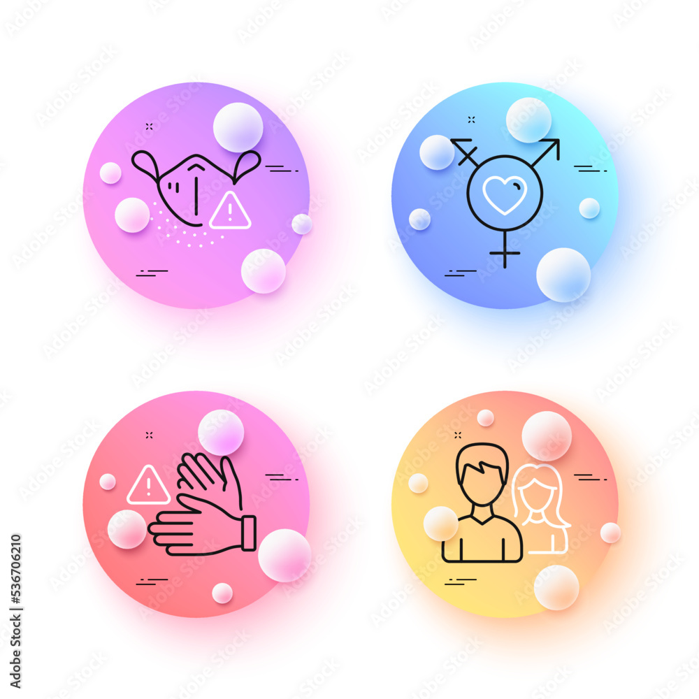 Dont touch, Teamwork and Genders minimal line icons. 3d spheres or balls buttons. Medical mask icons. For web, application, printing. Clean hands, Man with woman, Inclusion. Face respirator. Vector Dont touch, Teamwork and Genders minimal line icons. 3d spheres or balls buttons. Medical mask icons. For web, application, printing. Clean hands, Man with woman, Inclusion. Face respirator. Vector