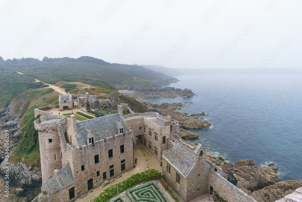 View from the tower of fort La Latte on a hazy summer morning, Cap Frehel, Bretagne, France