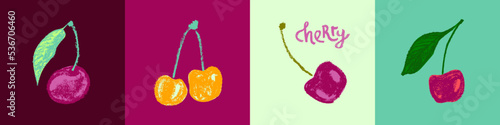 Cherry icons. Hand drawn fruit drawing. Cherry yogurt symbol of merry illustration for baby food logo, juice label design, berry sign, fruity packaging. Vector cherries sketch. Healthy food idea.