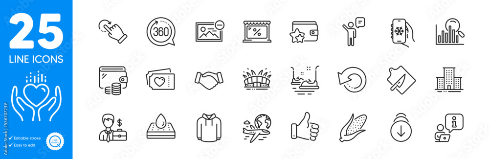 Outline icons set. Cutting board, Like hand and International flight icons. Scroll down, Love tickets, University campus web elements. Market, Air conditioning, Handshake signs. Wallet. Vector