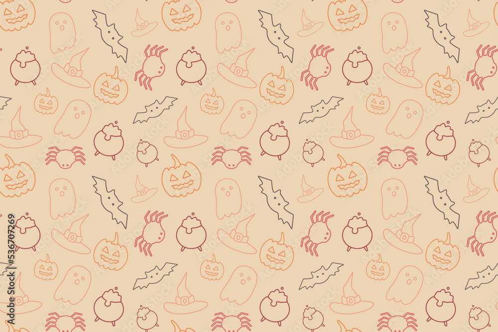 Halloween seamless pattern with spider, ghost, pumpkin, bat, witch hat. Halloween seamless pattern with spider, ghost, pumpkin, bat, witch hat.