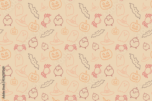 Halloween seamless pattern with spider, ghost, pumpkin, bat, witch hat.