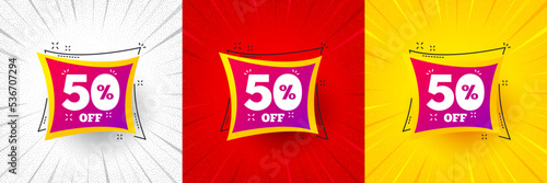 Sale 50 percent off banner. Flash offer banner, coupon or poster. Discount sticker shape. Coupon bubble icon. Sale 50 percent promo banner. Retail marketing flyer. Starburst pop art. Vector