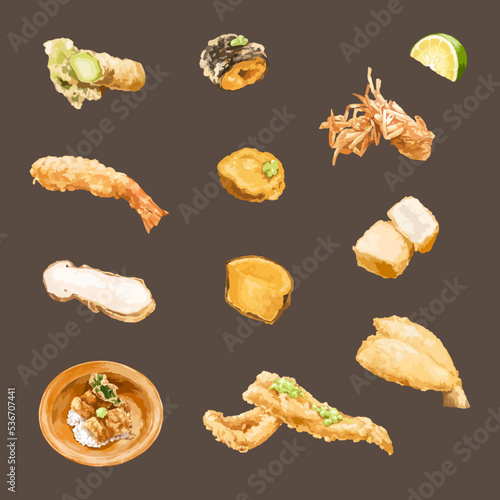 Set of Tempura. Japanese Food. Watercolor Vector Illustration