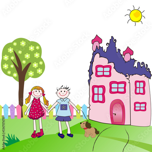 Paisaje con niños felices con su perro y casa.