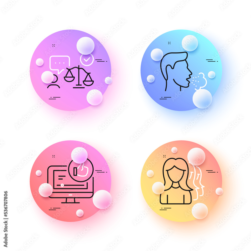 Cough, Lawyer and Like video minimal line icons. 3d spheres or balls buttons. Women headhunting icons. For web, application, printing. Coronavirus symptom, Court judge, Thumbs up. Vector Cough, Lawyer and Like video minimal line icons. 3d spheres or balls buttons. Women headhunting icons. For web, application, printing. Coronavirus symptom, Court judge, Thumbs up. Vector