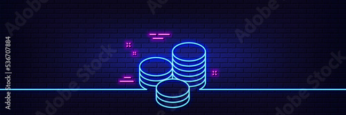 Neon light glow effect. Coins money line icon. Banking currency sign. Cash symbol. 3d line neon glow icon. Brick wall banner. Tips outline. Vector