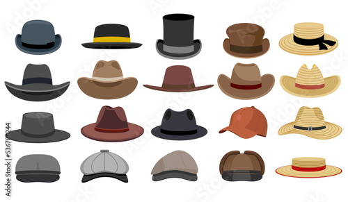 Different male hats. Fashion and vintage man hat collection image, derby and bowler, cowboy and peaked cap, straw hats and gentlemen cap