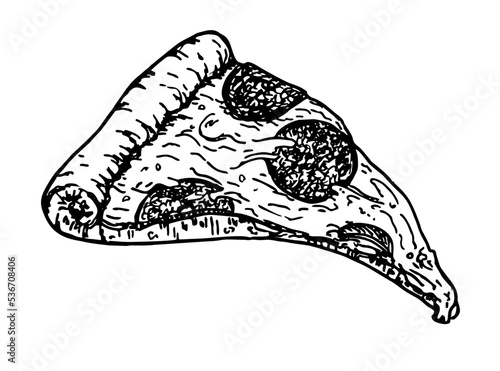 Vector drawing of a pizza slice. Italian pizza slice. Hand drawn pizza illustration. Great for menu, poster or label. Pizza design template