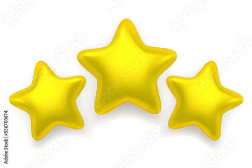 Three realistic shiny lucky stars isolated on white background. 3D rendering. Achievements for games. Customer rating feedback concept. Smooth yellow stars. 