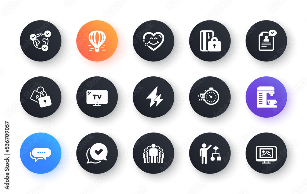 Minimal set of Electricity, Approved and Algorithm flat icons for web development. Blocked card, Air balloon, Coffee machine icons. Resume document, Locks, Tv web elements. Smile face. Vector Minimal set of Electricity, Approved and Algorithm flat icons for web development. Blocked card, Air balloon, Coffee machine icons. Resume document, Locks, Tv web elements. Smile face. Vector