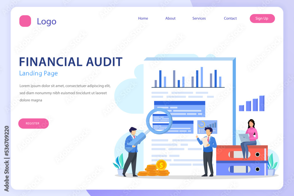 Financial audit landing page website flat vector template