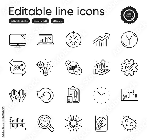 Set of Science outline icons. Contains icons as Statistics, Bacteria and Analysis graph elements. Diagram chart, Yen money, Accounting web signs. Recovery data, Computer. Vector