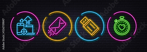 E-mail, Usb flash and Seo devices minimal line icons. Neon laser 3d lights. Heartbeat timer icons. For web, application, printing. Mail delivery, Memory stick, Mobile stats. Love stopwatch. Vector