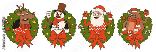 Merry Christmas and Happy New year. Santa Claus, bear, snowman, reindeer, wreath in trendy retro cartoon style. Sticker pack of comic characters.