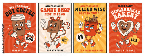 Christmas market street foods and drinks. Poster, flyer, menu design with coffee, mulled wine, candy, glintwine, cookie, gingerbread in trendy retro cartoon style. Merry Christmas and Happy New year.